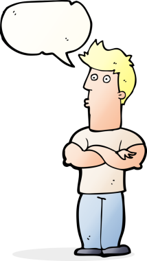 Bir insan tarafından çizilmiş, kolları katlanmış, konuşma balonu olan çizgi film adamı.