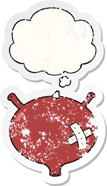 Düşünce baloncuklu karikatür mesanesi bir insan tarafından çizilmiş yıpranmış bir çıkartma gibi.