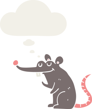 Düşünce baloncuğu olan bir insan tarafından çizilmiş çizgi film faresi.