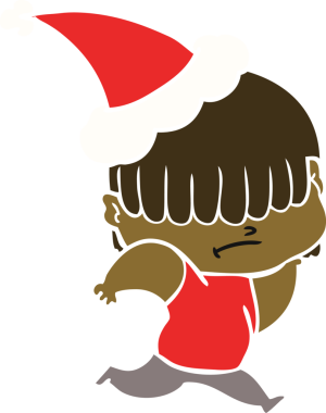 Bir insan tarafından çizilmiş, dağınık saçlı, Noel Baba şapkası takan bir çocuğun el resmi.