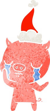 Bir insan tarafından çizilmiş Noel Baba şapkasıyla ağlayan bir domuzun el çizimi karikatürü