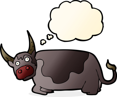 Bir insan tarafından çizilmiş düşünce baloncuklu çizgi film boğası.