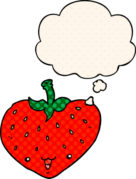 Çizgi roman tarzında bir insan tarafından çizilmiş düşünce baloncuğu olan çilekli çizgi film.