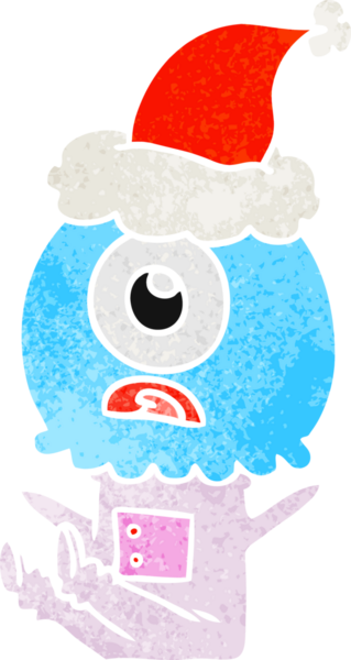 Bir insan tarafından çizilmiş Noel Baba şapkası giyen bir Tepegöz 'ün el çizimi uzaylı uzay adamı.