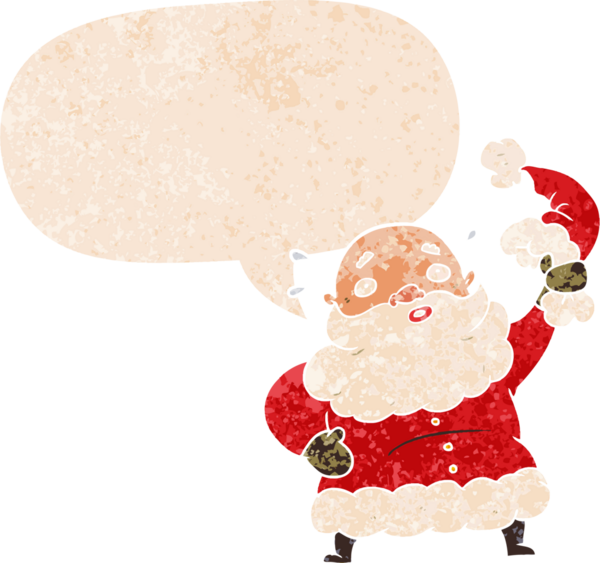 Çizgi film Noel Baba, konuşma baloncuğuyla şapkasını sallıyor grunge gerilmiş eski moda bir insan tarafından çizilmiş.
