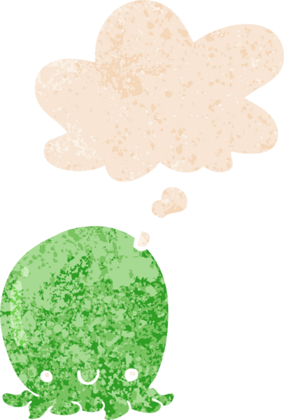 Grunge 'da düşünce baloncuğu olan sevimli ahtapot çizgi film karakteri bir insan tarafından çizilmiş.