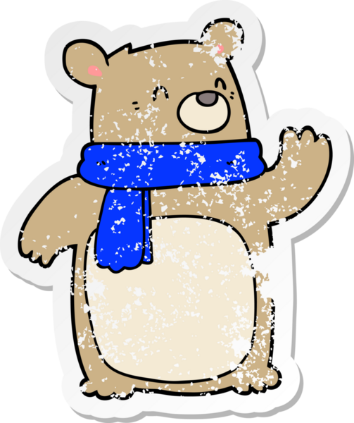 Bir insan tarafından çizilmiş eşarp takan karikatür ayısının sıkıntılı çıkartması.