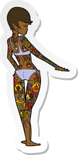 Bir insan tarafından çizilmiş dövmeli bir bikinili kızın çıkartması.