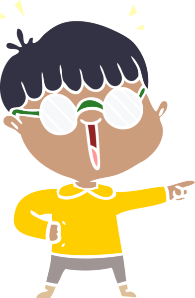 Bir insan tarafından çizilmiş gözlük takan düz renkli çizgi film çocuğu.