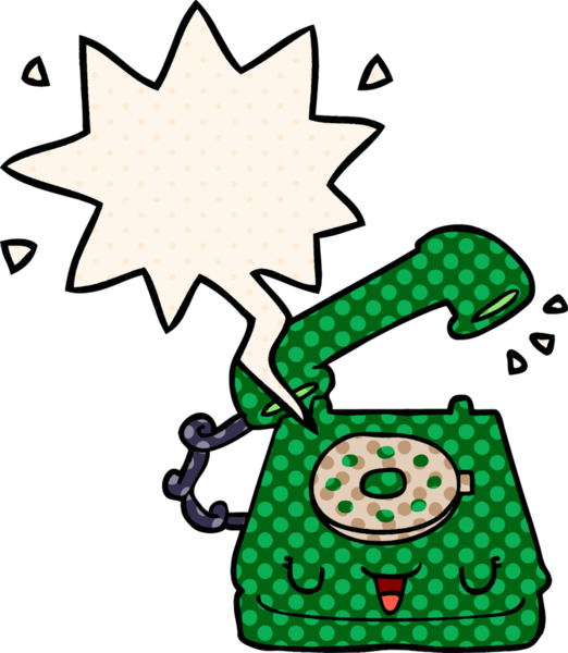 Bir insan tarafından çizilmiş çizgi roman tarzında konuşma baloncuklu şirin bir çizgi film telefonu.