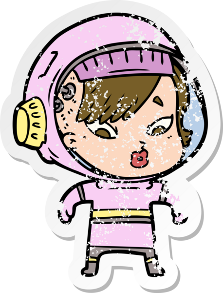 Bir insan tarafından çizilmiş karikatür astronot kadının sıkıntılı çıkartması.