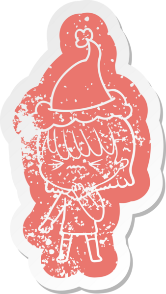 Garip bir karikatür. Bir kızın Noel Baba şapkası taktığı için pişman olduğu bir çıkartma.