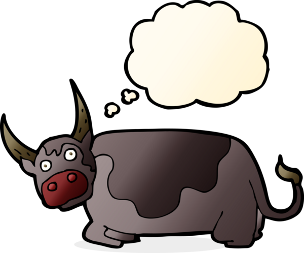Bir insan tarafından çizilmiş düşünce baloncuklu çizgi film boğası.