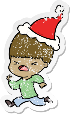 Bir insan tarafından çizilmiş Noel Baba şapkası giymiş stresli bir adamın el yazısı.