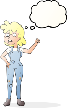 Düşünce baloncuğu çizen kadın bir insan tarafından çizilmiş yumruğu sallıyor.