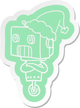 Bir insan tarafından çizilmiş Noel Baba şapkası takan bir robotun garip çizgi film çıkartması.