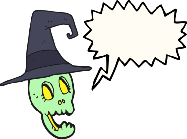 Bir insan tarafından çizilmiş bir cadı şapkası giyen serbest konuşma balonu karikatürü kafatası.