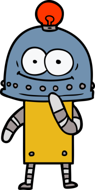 Bir insan tarafından çizilmiş ampullü mutlu karton robot.