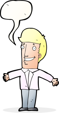 Bir insan tarafından çizilmiş konuşma balonuyla kolları açık sırıtan çizgi film adamı.