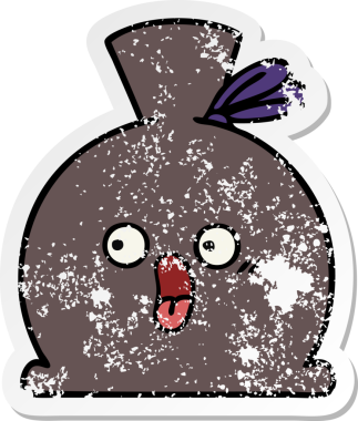 Bir insan tarafından çizilmiş şirin bir karikatür çuvalının sıkıntılı çıkartması.