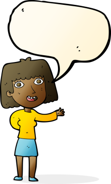 Bir insan tarafından çizilmiş konuşma balonuyla el sallayan karikatür dostu kadın.