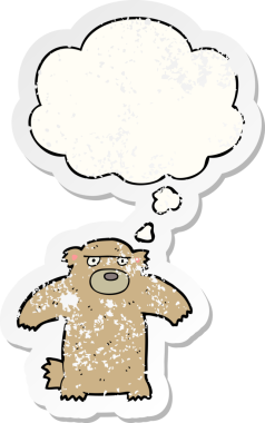 Düşünce baloncuğu olan çizgi film ayısı bir insan tarafından çizilmiş yıpranmış bir çıkartma.