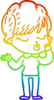 Gökkuşağı gradyan çizgi çizimi bir insan tarafından çizilmiş gözleri olan bir karikatür kadın