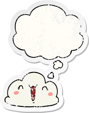 Düşünce baloncuklu karikatür bulutu bir insan tarafından çizilmiş yıpranmış bir çıkartma gibi.