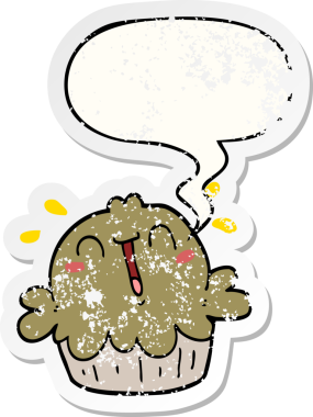 Konuşma baloncuğu olan şirin bir çizgi film pastası bir insan tarafından çizilmiş sıkıntılı eski bir çıkartma.