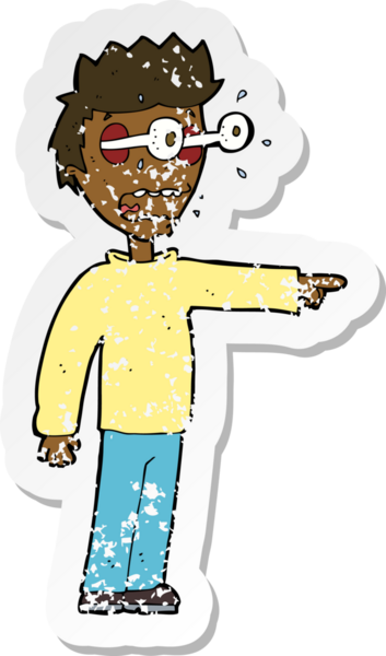 Bir insan tarafından çizilmiş gözleri olan karikatürcü bir adamın gerilemiş retro yapıştırması.