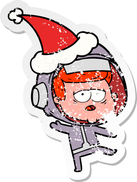 Bir insan tarafından çizilmiş Noel Baba şapkası giymiş yorgun bir astronotun el çizimi karikatürü.
