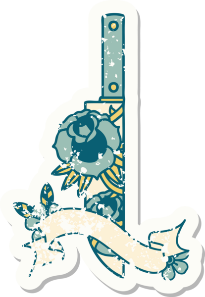 Bir hançer bayrağı ve bir insan tarafından çizilmiş çiçekler olan eski bir etiket.