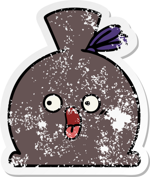 Bir insan tarafından çizilmiş şirin bir karikatür çuvalının sıkıntılı çıkartması.