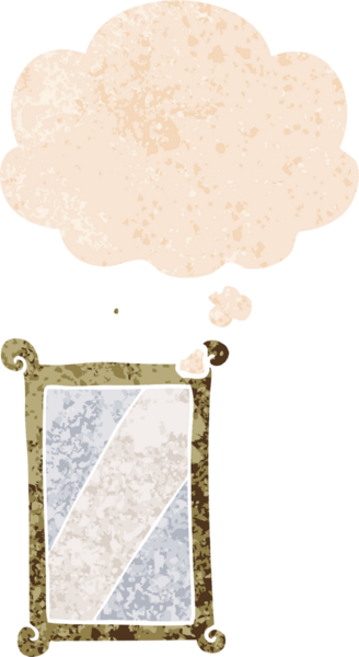 Düşünce baloncuklu karikatür aynası grunge sıkıntılı retro desen bir insan tarafından çizilmiş