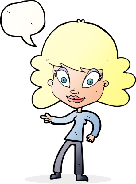 Bir insan tarafından çizilmiş bir konuşma balonuyla işaret eden çizgi film kadını.