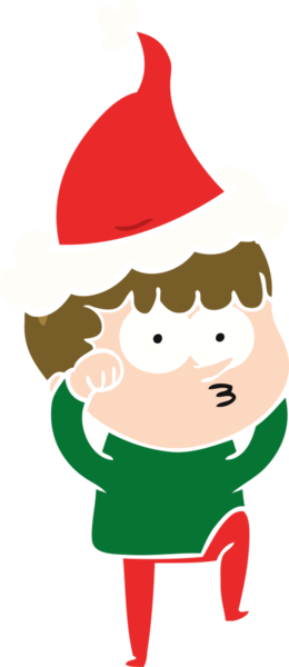 Bir insan tarafından çizilmiş Noel Baba şapkası takan meraklı bir çocuğun el çizimi düz çizimi.