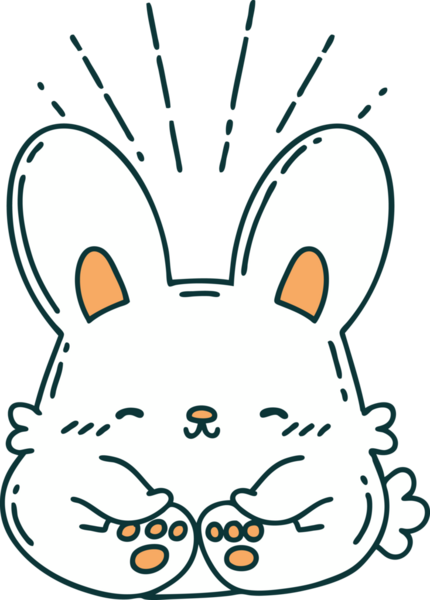 Bir insan tarafından çizilmiş geleneksel dövme tarzı mutlu bir tavşan çizimi.