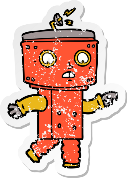 Bir insan tarafından çizilmiş karikatür robotunun sıkıntılı çıkartması.