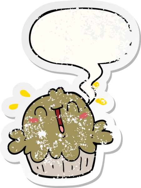 Konuşma baloncuğu olan şirin bir çizgi film pastası bir insan tarafından çizilmiş sıkıntılı eski bir çıkartma.