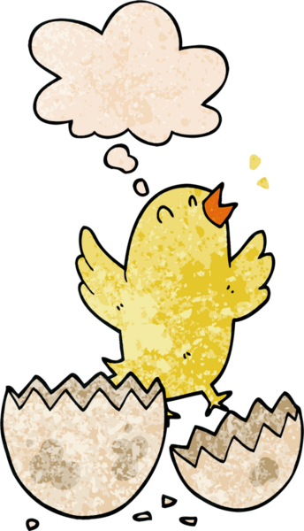 Yumurtadan çıkan çizgi film kuşunun insan tarafından çizilmiş grunge desenli düşünce baloncuğu var.