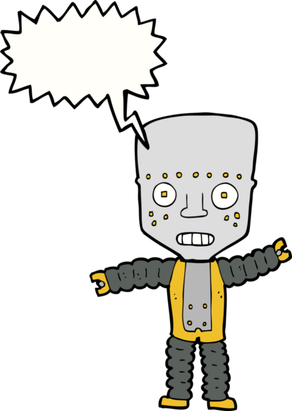 Bir insan tarafından çizilmiş konuşma balonu olan çizgi film robotu.