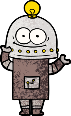 Bir insan tarafından çizilmiş ampullü mutlu karton robot.