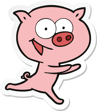 Bir insan tarafından çizilmiş neşeli bir domuz çizgi filminin çıkartması.