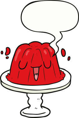 Bir insan tarafından çizilen konuşma baloncuğuyla tabakta sallanan çizgi film jölesi.