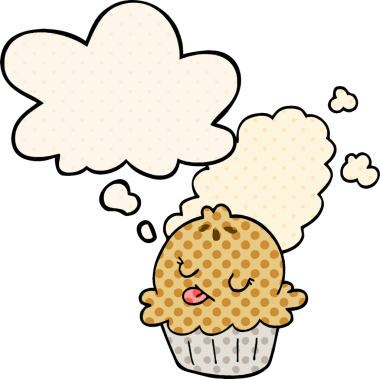 Bir insan tarafından çizilmiş çizgi roman şeklinde düşünce baloncuklu şirin bir turta.