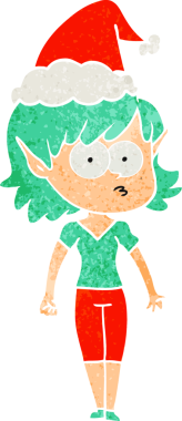 Bir insan tarafından çizilmiş Noel Baba şapkası giymiş bir elf kızının el çizimi karikatürü.