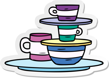 Bir insan tarafından çizilmiş renkli kâseler ve tabaklar çizilmiş el yazısı karikatürü.