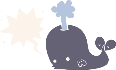 Konuşma baloncuğu olan çizgi film balinası insan tarafından çizilmiş.