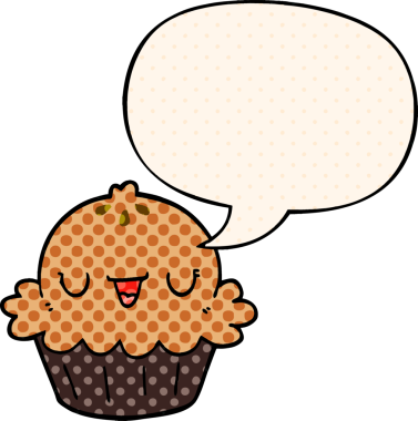 Bir insan tarafından çizilmiş çizgi roman tarzında konuşma baloncuğu olan şirin bir çizgi film pastası.