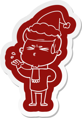 Bir insan tarafından çizilmiş Noel Baba şapkası giymiş terleyen bir adamın garip çizgi film etiketi.